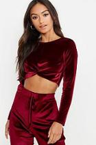 Boohoo Petite Velvet Twist Front Long Sleeve Top