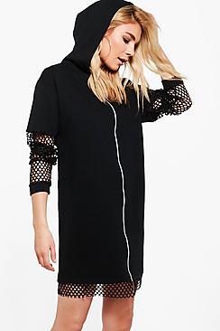 Boohoo Agneta Mesh Detail Hooded Sweat Dress