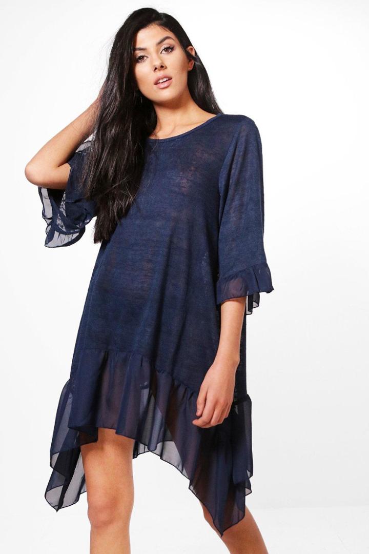 Boohoo Aimee Ruffle Hem Dress Navy