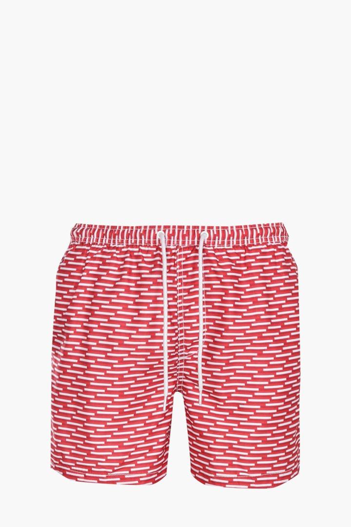 Boohoo Multi Geo Print Mid Length Swim Shorts Red