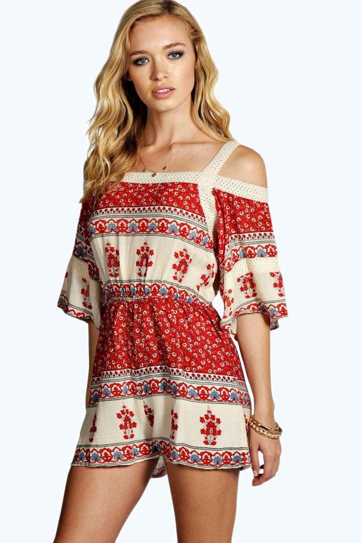 Boohoo Bridget Open Shoulder Border Print Playsuit Red