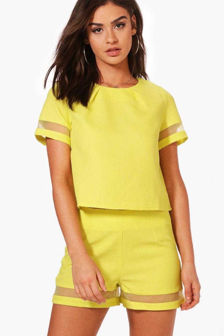 Boohoo Florence Mesh Insert Boxy Crop Top Lime
