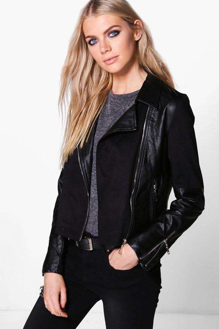 Boohoo Harriet Suedette Panel Pu Biker Jacket Black