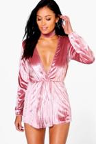 Boohoo Julia Choker Style Crushed Velvet Playsuit Rose