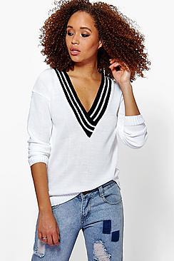 Boohoo Nicole V Neck Sports Rib Jumper