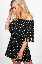 Boohoo Jade Polka Dot Off Shoulder Tassel Playsuit