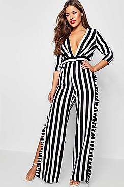 Boohoo Petite Sofia Stripe Ruffle Leg Jumpsuit