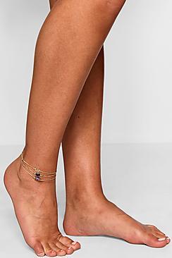 Boohoo Ava Gem Stone Crystal & Moon Anklet 3 Pack