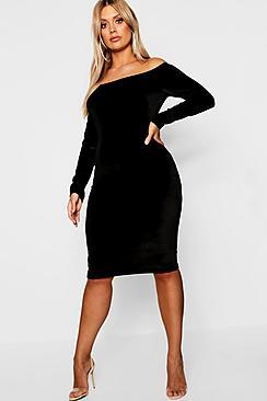 Boohoo Plus Bardot Velvet Midi Dress