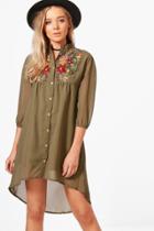 Boohoo Boutique Ana Embroidered Shirt Dress Khaki