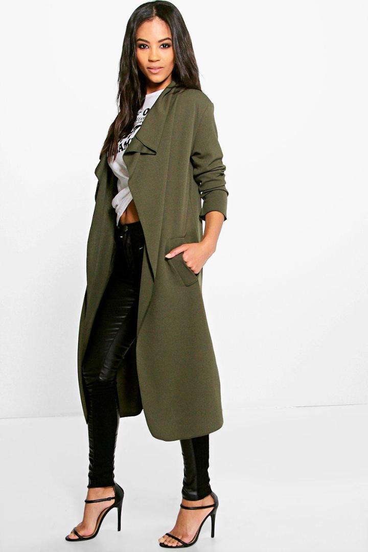 Boohoo Kylie Side Split Duster Khaki