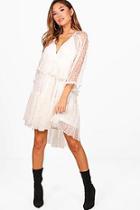 Boohoo Dobby Spot Batwing Ruffle Dress