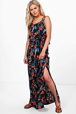 Boohoo Paige Tropical Double Layer Maxi Dress