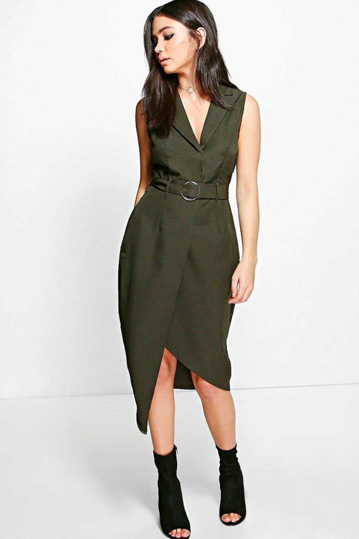 Boohoo Emma Tailored Belted Woven Midi Dress Khaki