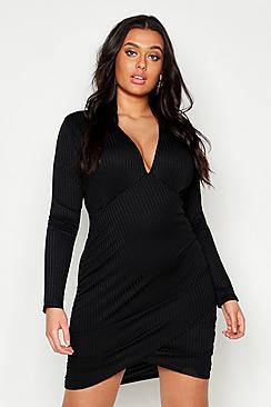 Boohoo Plus Rib Plunge Rouched Midi Dress