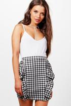 Boohoo Evelyn Large Gingham Ruffle Front Mini Skirt Black