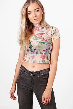 Boohoo Una Tropical Mesh Print Crop Top