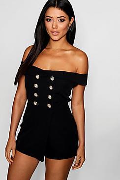 Boohoo Bardot Style Tuxedo Button Romper