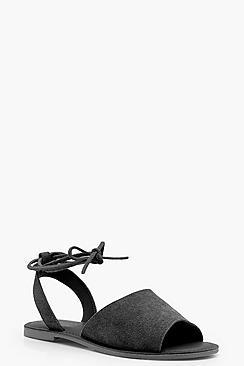 Boohoo Eva Wide Fit Leather Peeptoe Wrap Ankle Strap Sandal