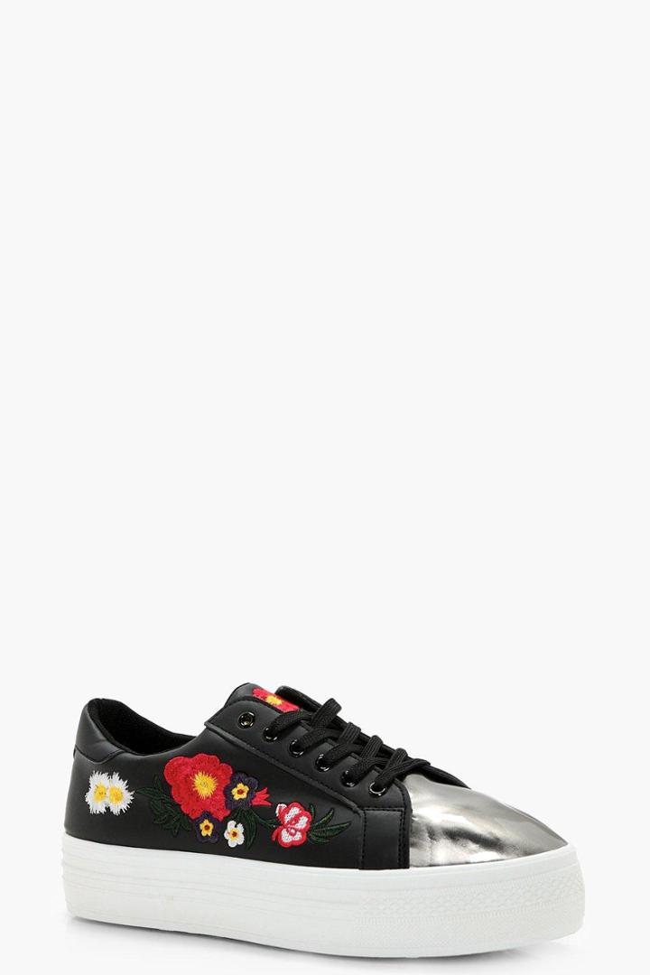 Boohoo Amy Floral Embroidered Platform Trainer Black
