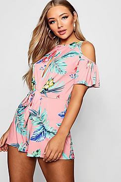 Boohoo Natalie Cold Shoulder Tie Front Playsuit