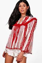 Boohoo Robyn Ikat Print & Tassle Tie Neck Top