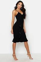Boohoo V Neck Ruffle Front Hem Midi Dress