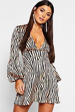 Boohoo Zebra Satin Blouson Sleeve Skater Dress