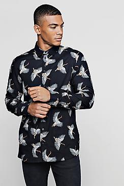 Boohoo Bird Print Long Sleeve Viscose Shirt