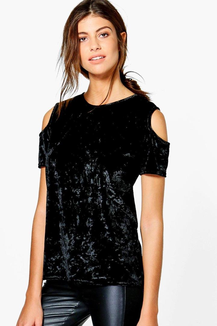 Boohoo Valerie Crushed Velvet Cold Shoulder Top Black