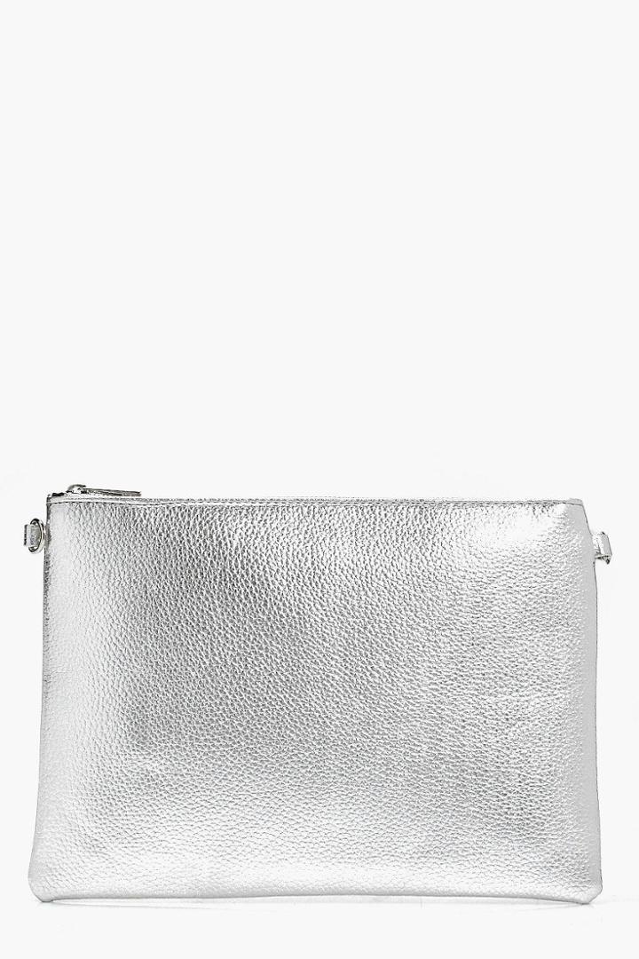 Boohoo Molly Metallic Zip Top Clutch Bag Silver