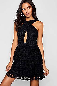 Boohoo Zoe Lace Cross Over Detail Skater Dress