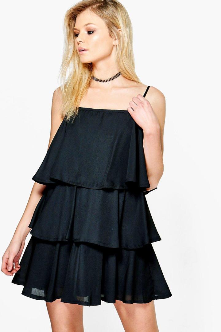 Boohoo Petite Juliette Ruffle Tiered Swing Dress Black