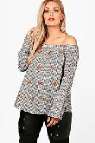 Boohoo Plus Eva Embroidered Gingham Off The Shoulder Top