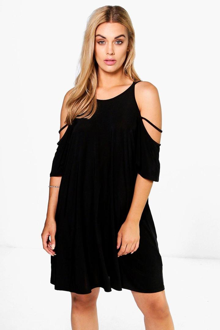 Boohoo Plus Safia Open Shoulder Slinky Swing Dress Black