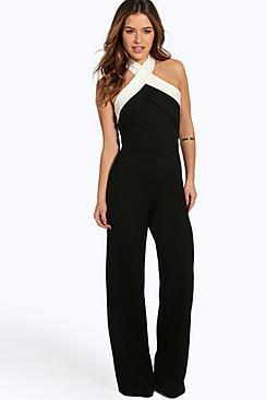 Boohoo Petite Julia Colour Block Cross Front Jumpsuit