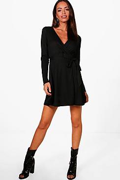 Boohoo Ribbed Wrap Front Long Sleeve Skater Dress