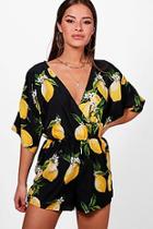 Boohoo Petite Caroline Lemon Print Wrap Front Playsuit