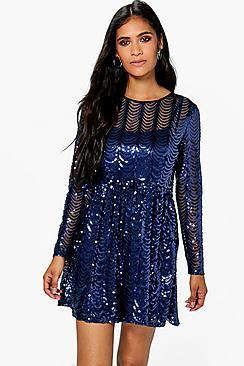 Boohoo Xena Printed Sequin Long Skater Dress