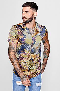 Boohoo Tropical Leaf Print Revere Short Sleeve Shirt