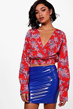 Boohoo Tall Bella Floral Print Wrap Crop Blouse