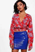 Boohoo Tall Bella Floral Print Wrap Crop Blouse