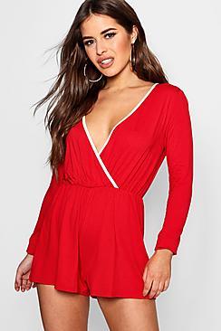 Boohoo Petite Contrast Binding Wrap Playsuit