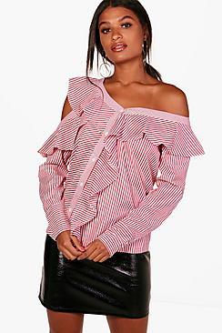 Boohoo Jodie Stripe One Shoulder Frill Shirt