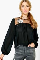 Boohoo Lola Embroidered Mesh Panel Blouse Black