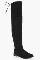 Boohoo Frances Flat Suedette Thigh High Boot Black