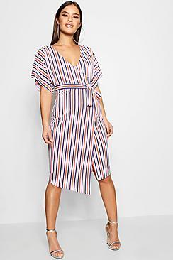 Boohoo Petite Hayley Crepe Stripe Wrap Midi Dress