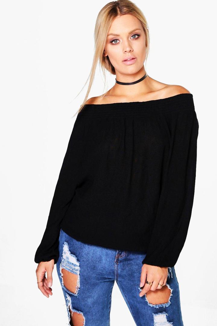 Boohoo Plus Esme Woven Crinkle Off The Shoulder Top Black
