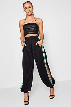 Boohoo Leah Sports Tape Popper Side Trousers