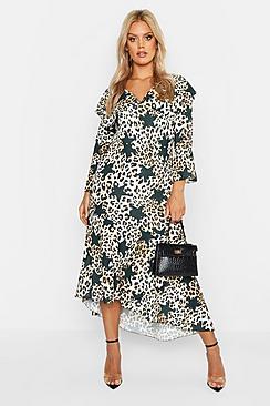 Boohoo Plus Satin Star Leopard Ruffle Hem Maxi Dress